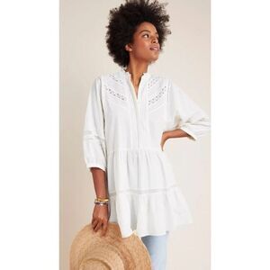 Anthropologie Vicenza Lace Babydoll Tunic XXS White Eyelet Lace Swiss Dot Boho
